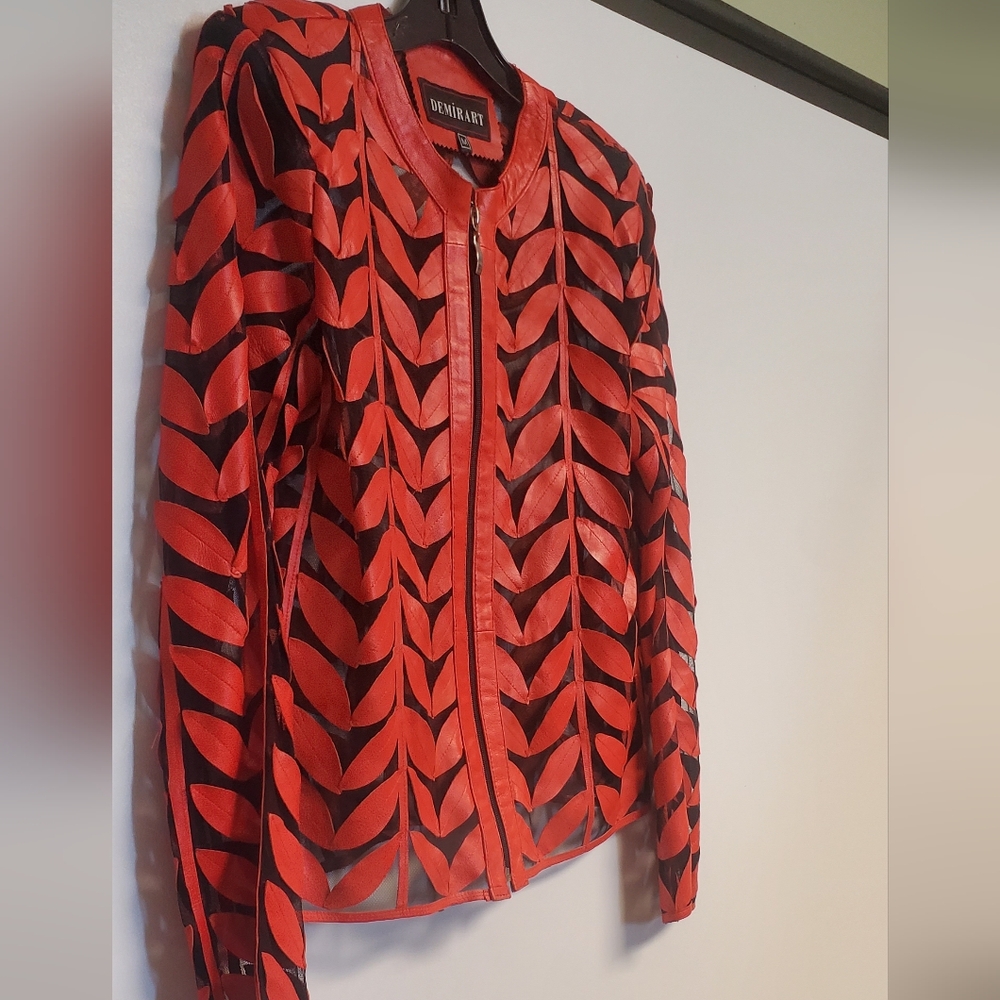 DEMIRART Red Lamb Leather On Mesh Leaf  Jacket Medium - Picture 3 of 6